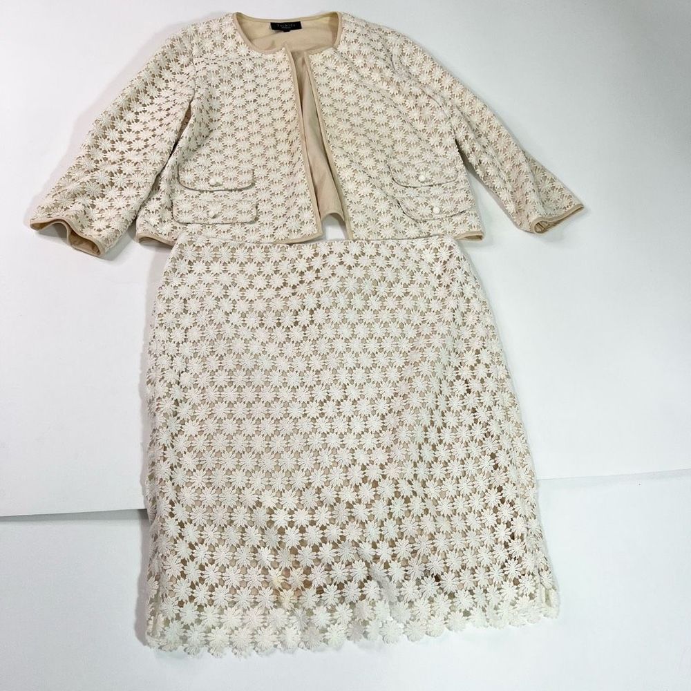 Talbots Skirt Suit Womens 16 Cream Daisy Floral Lace Blazer Jacket & Skirt Set